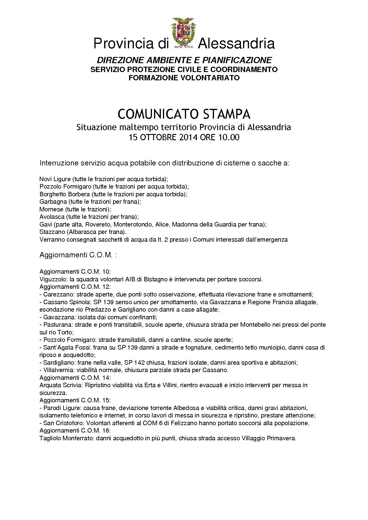 Comunicato stampa 15 ottobre 2014 ore 10 Provincia di Alessandria