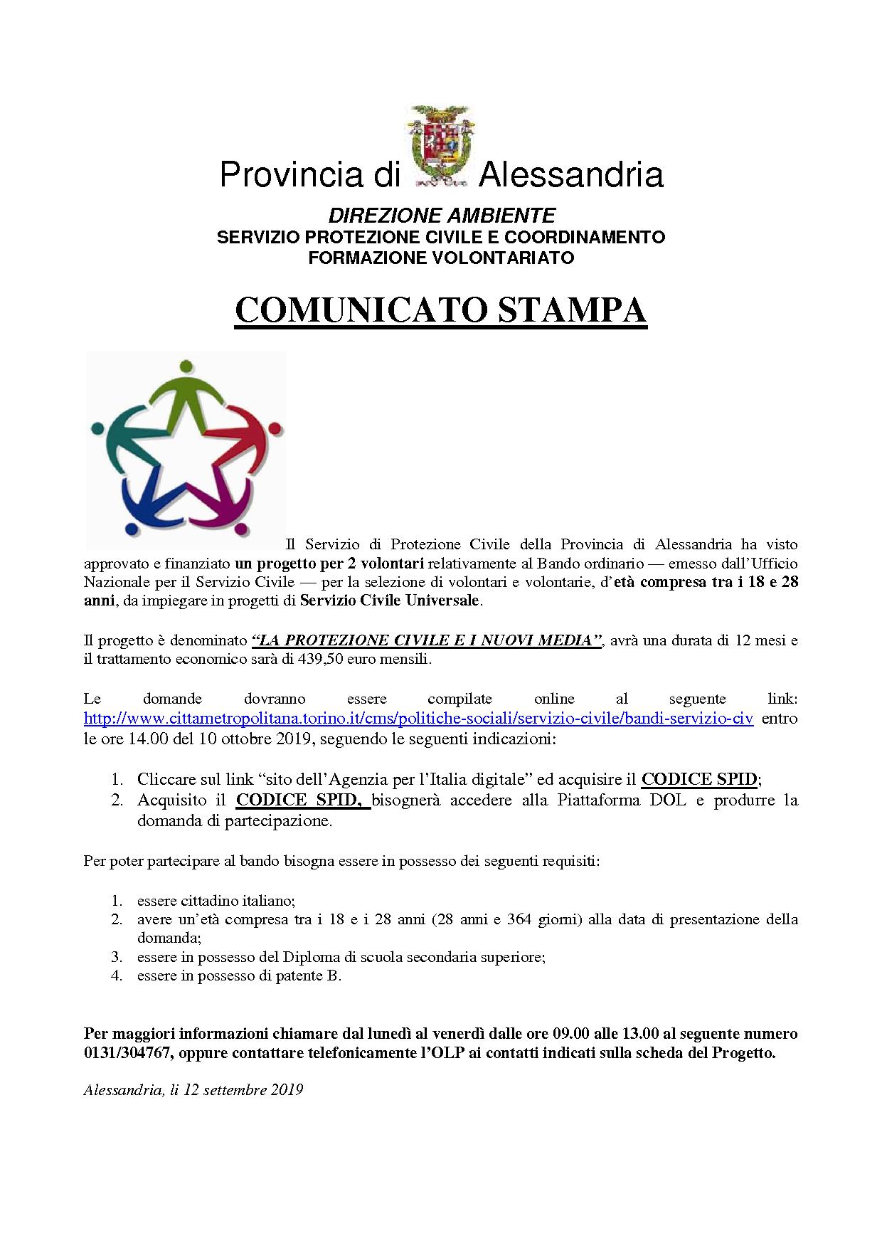 Comunicato Stampa Servizio Civile 2019