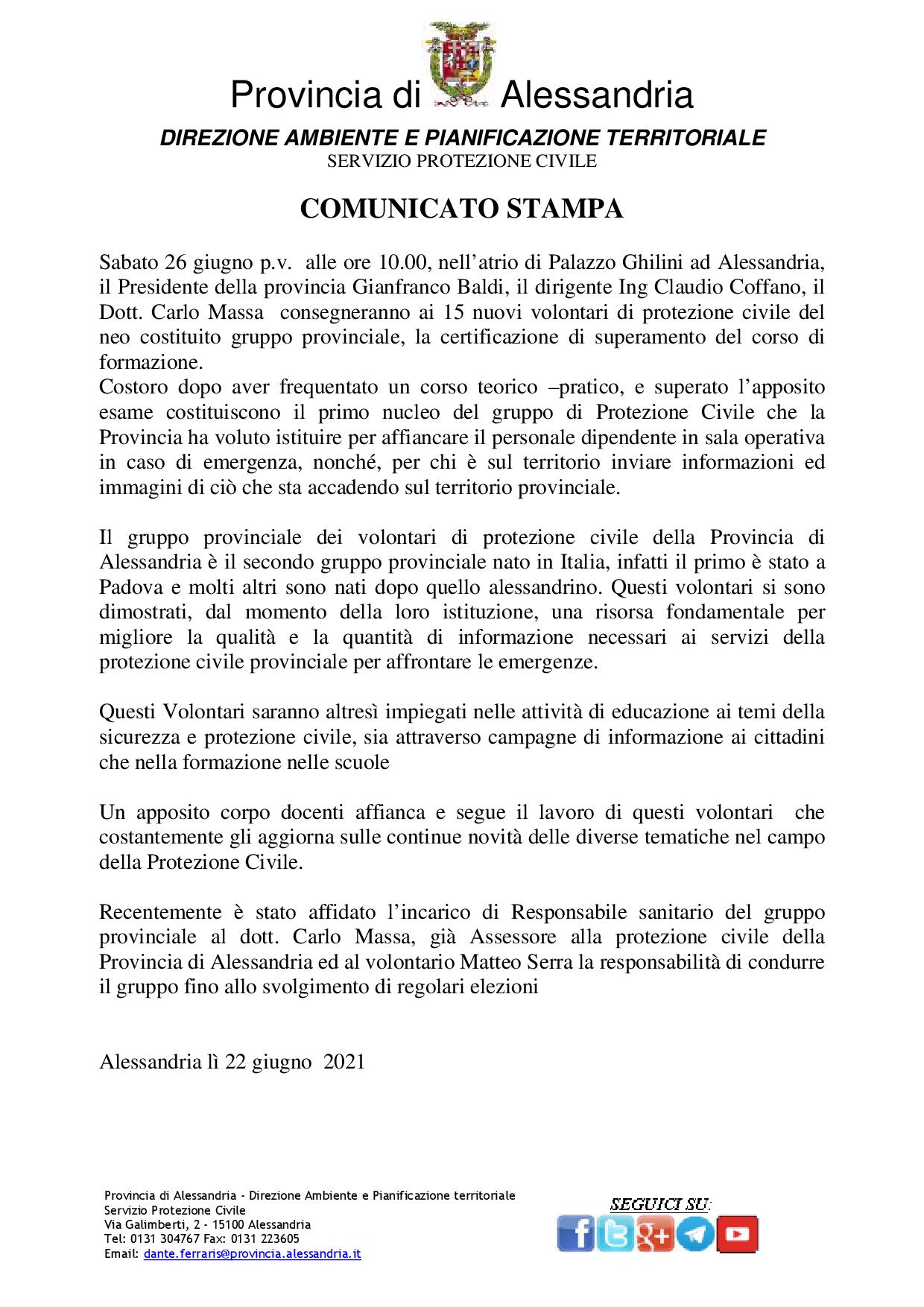 Comunicato stampa 26 6 2021 CONSEGNA ATTESTATI