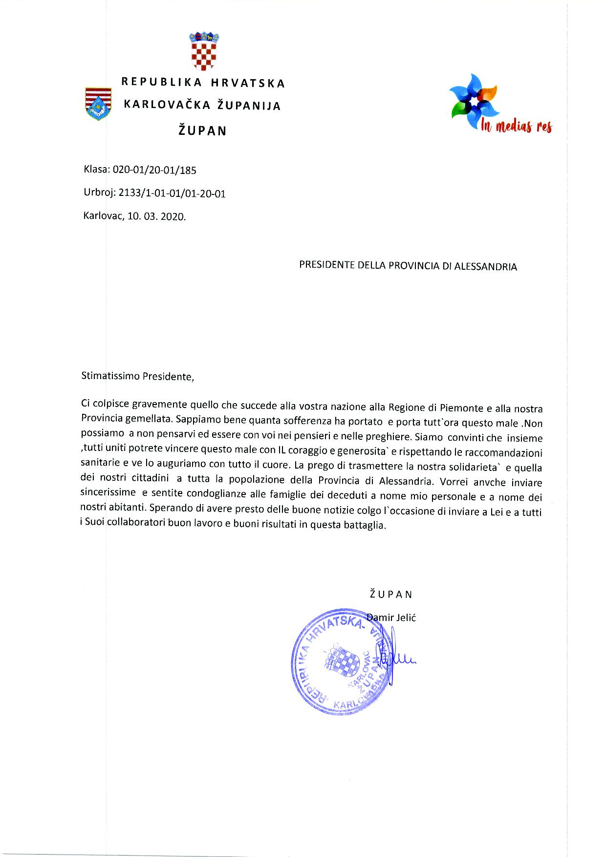 LETTERA DEL PRESIDENTE PROVINCIA DI KARLOVAC