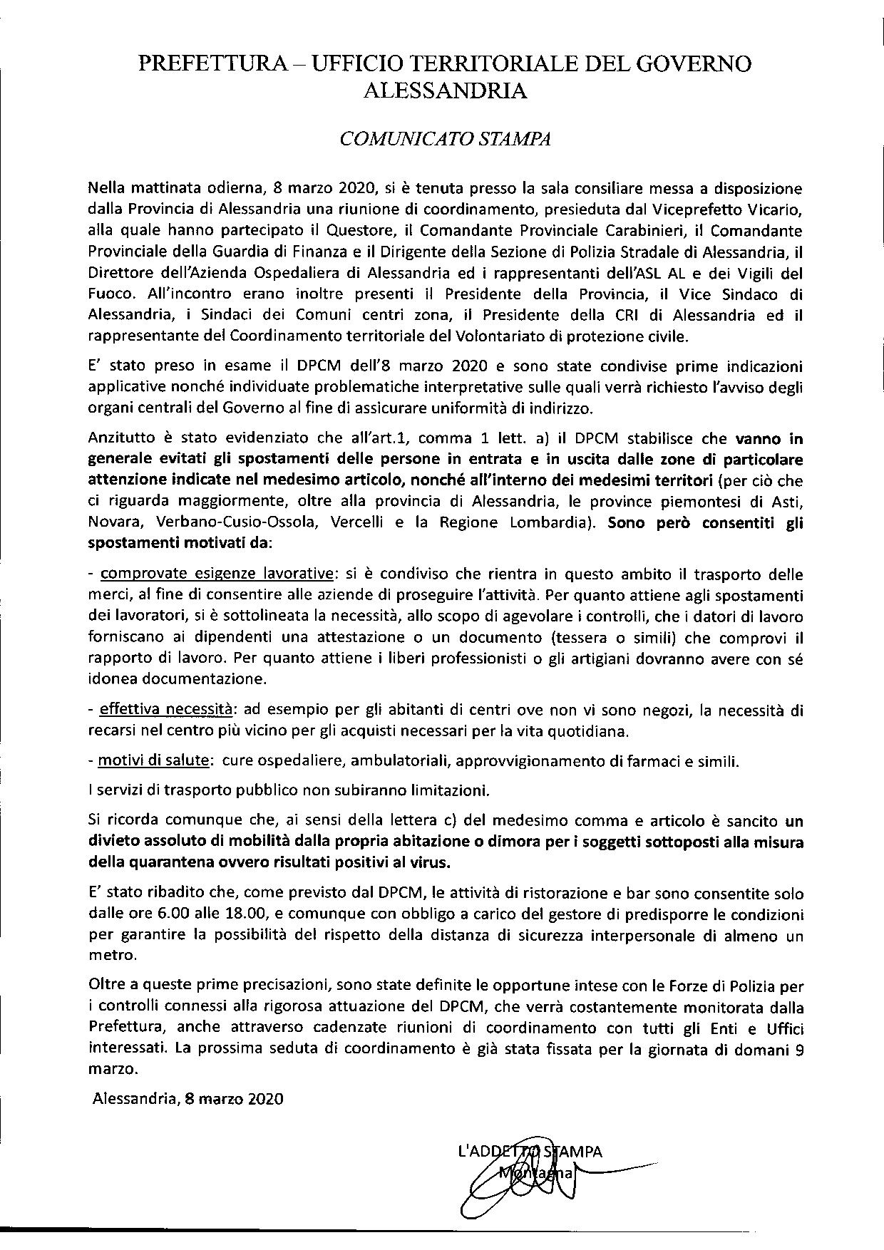 comunicato stampa Prefettura di Alessandria